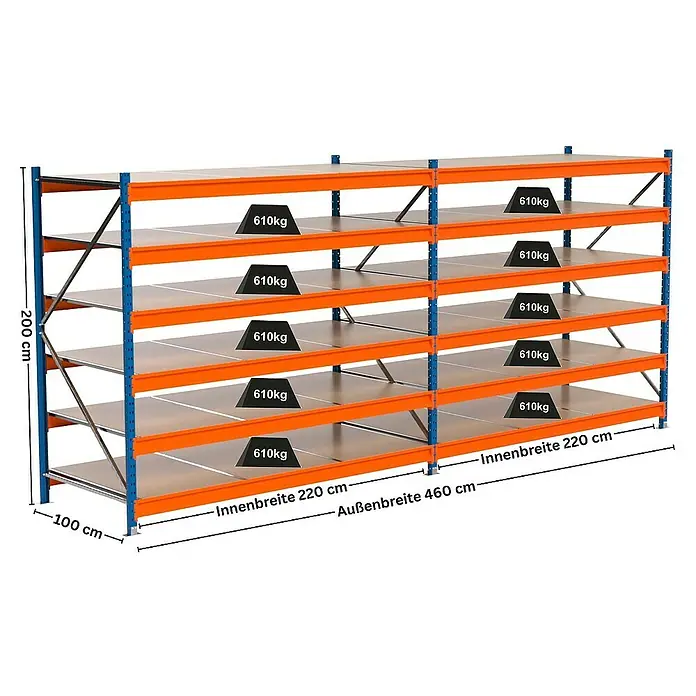 Proregal Schwerlastregal Industrie Weitspannregal MAXIMUS Pro - H x B x T: 200 x 460 x 100 cm, Traglast pro Boden: 610 kg, Anzahl Böden: 6 Stk., Stecken, Blau/Orange