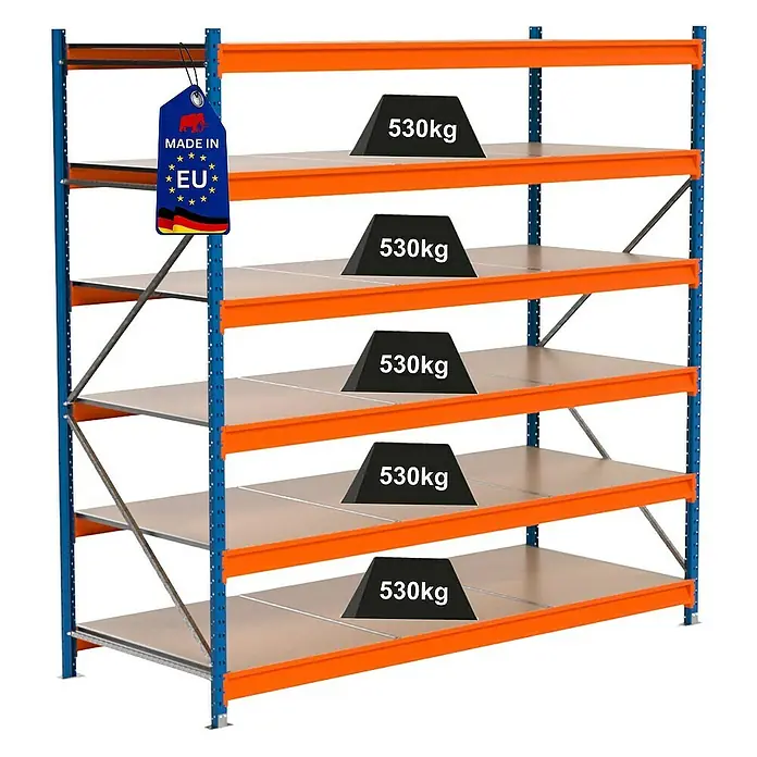Proregal Schwerlastregal Industrie Weitspannregal MAXIMUS Pro - H x B x T: 250 x 260 x 100 cm, Traglast pro Boden: 530 kg, Anzahl Böden: 6 Stk., Stecken, Blau/Orange