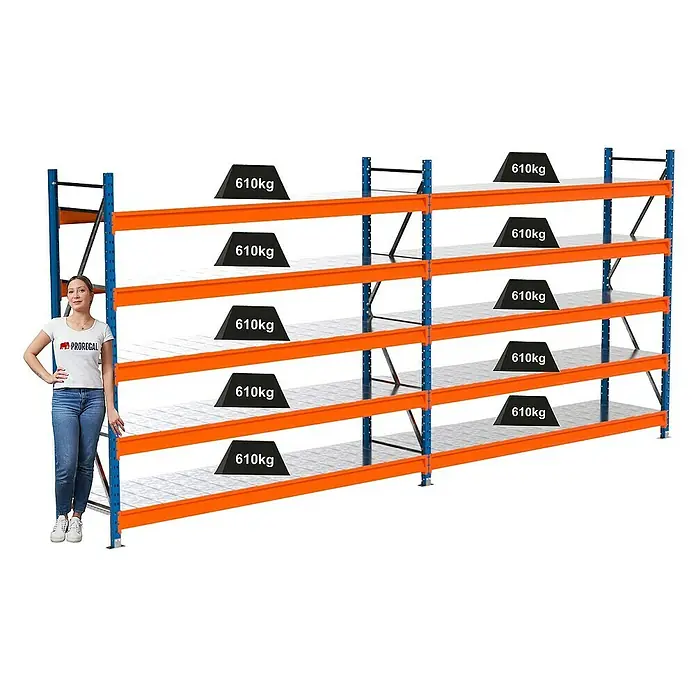 Proregal Schwerlastregal Industrie Weitspannregal MAXIMUS Pro - H x B x T: 200 x 460 x 60 cm, Traglast pro Boden: 610 kg, Anzahl Böden: 5 Stk., Stecken, Blau/Orange