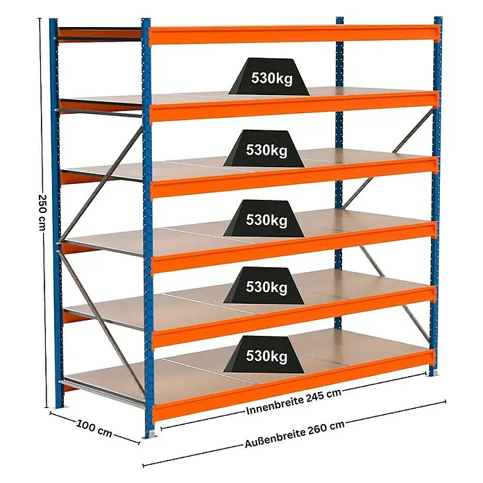 Proregal Schwerlastregal Industrie Weitspannregal MAXIMUS Pro - H x B x T: 250 x 260 x 100 cm, Traglast pro Boden: 530 kg, Anzahl Böden: 6 Stk., Stecken, Blau/Orange