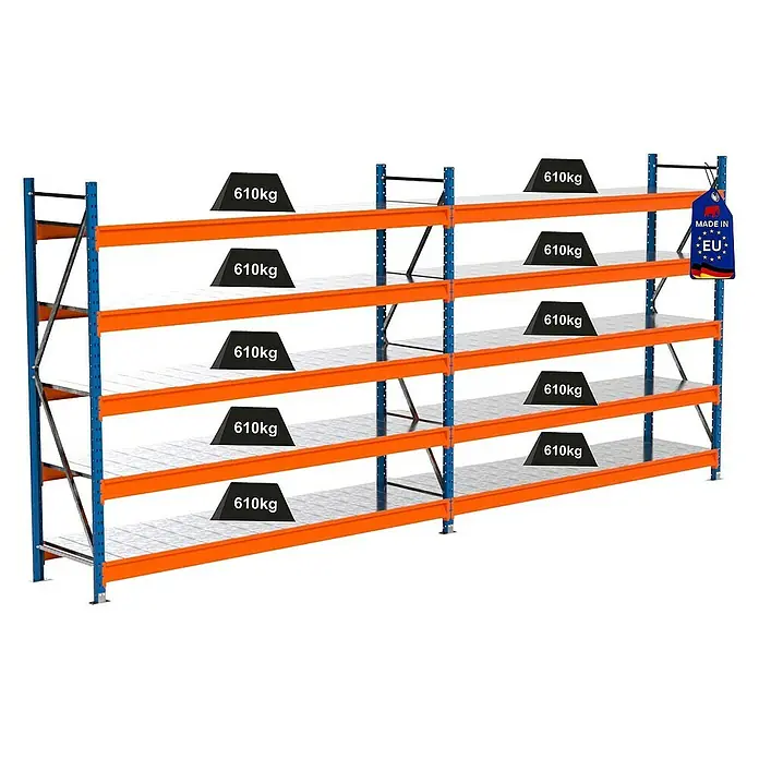 Proregal Schwerlastregal Industrie Weitspannregal MAXIMUS Pro - H x B x T: 200 x 460 x 60 cm, Traglast pro Boden: 610 kg, Anzahl Böden: 5 Stk., Stecken, Blau/Orange
