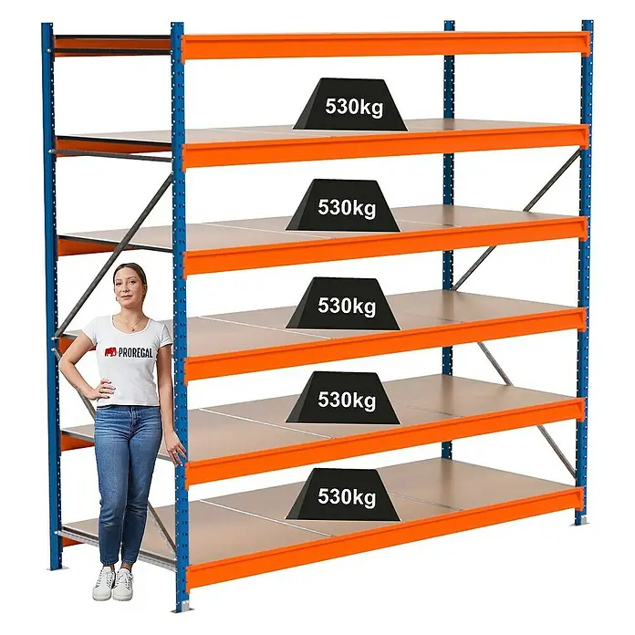 Proregal Schwerlastregal Industrie Weitspannregal MAXIMUS Pro - H x B x T: 250 x 260 x 100 cm, Traglast pro Boden: 530 kg, Anzahl Böden: 6 Stk., Stecken, Blau/Orange