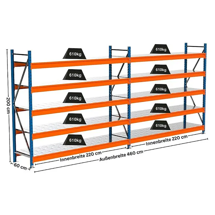 Proregal Schwerlastregal Industrie Weitspannregal MAXIMUS Pro - H x B x T: 200 x 460 x 60 cm, Traglast pro Boden: 610 kg, Anzahl Böden: 5 Stk., Stecken, Blau/Orange