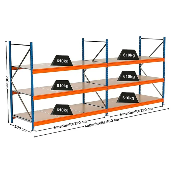 Proregal Schwerlastregal Industrie Weitspannregal MAXIMUS Pro - H x B x T: 200 x 460 x 100 cm, Traglast pro Boden: 610 kg, Anzahl Böden: 3 Stk., Stecken, Blau/Orange