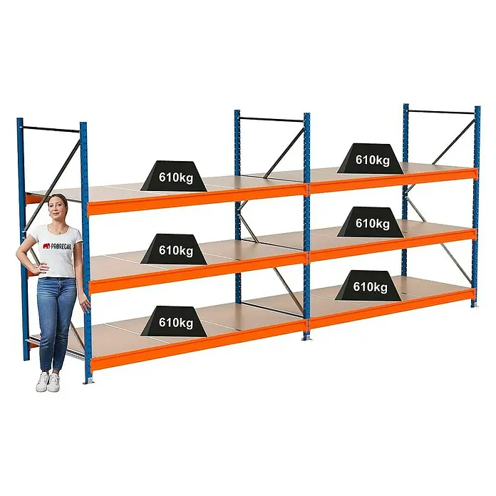 Proregal Schwerlastregal Industrie Weitspannregal MAXIMUS Pro - H x B x T: 200 x 460 x 100 cm, Traglast pro Boden: 610 kg, Anzahl Böden: 3 Stk., Stecken, Blau/Orange