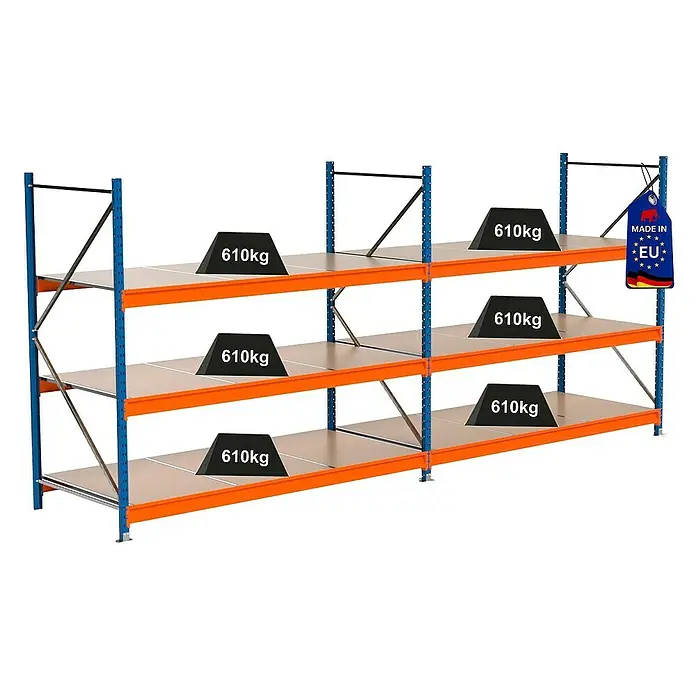 Proregal Schwerlastregal Industrie Weitspannregal MAXIMUS Pro - H x B x T: 200 x 460 x 100 cm, Traglast pro Boden: 610 kg, Anzahl Böden: 3 Stk., Stecken, Blau/Orange