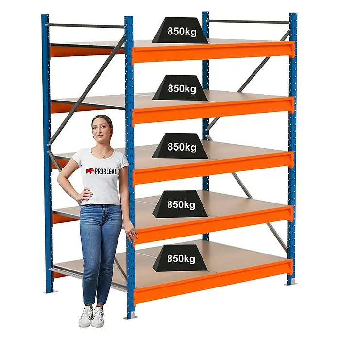 Proregal Schwerlastregal Industrie Weitspannregal MAXIMUS Pro - H x B x T: 200 x 160 x 100 cm, Traglast pro Boden: 850 kg, Anzahl Böden: 5 Stk., Stecken, Blau/Orange