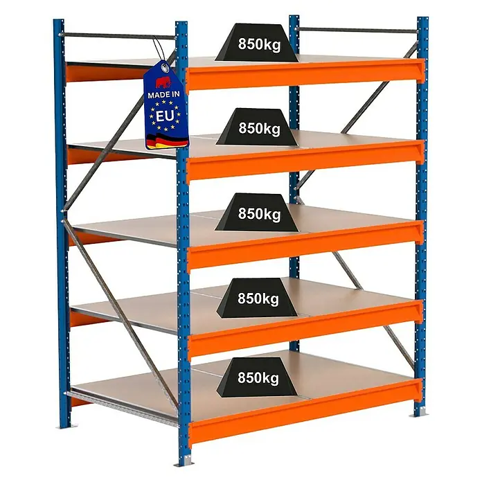 Proregal Schwerlastregal Industrie Weitspannregal MAXIMUS Pro - H x B x T: 200 x 160 x 100 cm, Traglast pro Boden: 850 kg, Anzahl Böden: 5 Stk., Stecken, Blau/Orange