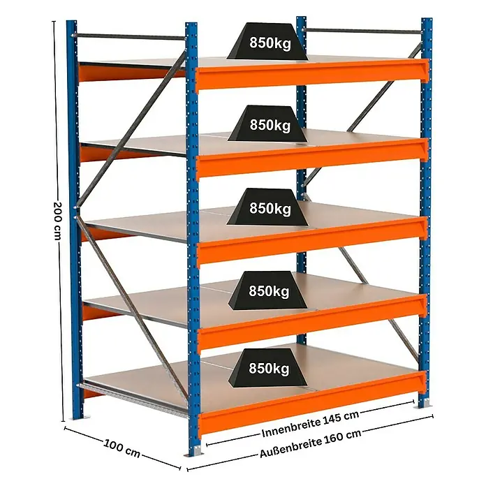 Proregal Schwerlastregal Industrie Weitspannregal MAXIMUS Pro - H x B x T: 200 x 160 x 100 cm, Traglast pro Boden: 850 kg, Anzahl Böden: 5 Stk., Stecken, Blau/Orange