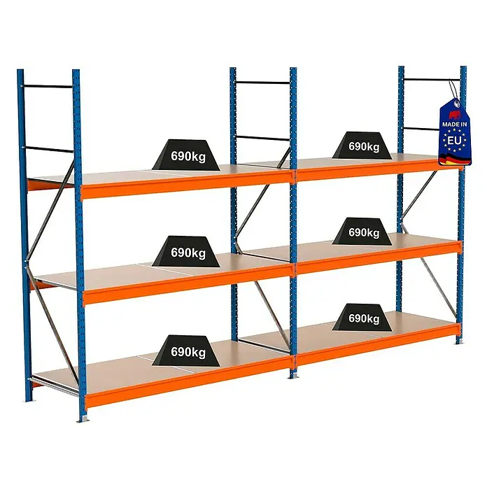 Proregal Schwerlastregal Industrie Weitspannregal MAXIMUS Pro - H x B x T: 250 x 410 x 80 cm, Traglast pro Boden: 690 kg, Anzahl Böden: 3 Stk., Stecken, Blau/Orange