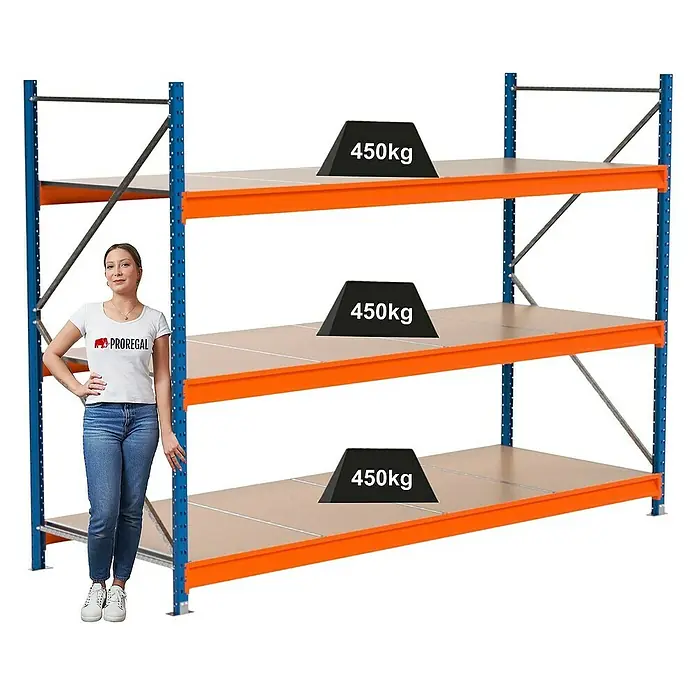 Proregal Schwerlastregal Industrie Weitspannregal MAXIMUS Pro - H x B x T: 200 x 285 x 100 cm, Traglast pro Boden: 450 kg, Anzahl Böden: 3 Stk., Stecken, Blau/Orange