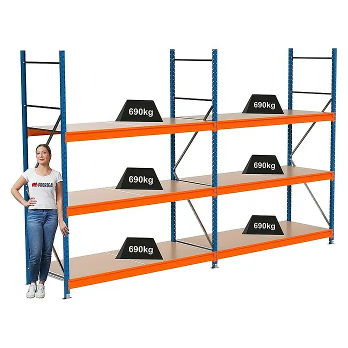 Proregal Schwerlastregal Industrie Weitspannregal MAXIMUS Pro - H x B x T: 250 x 410 x 80 cm, Traglast pro Boden: 690 kg, Anzahl Böden: 3 Stk., Stecken, Blau/Orange