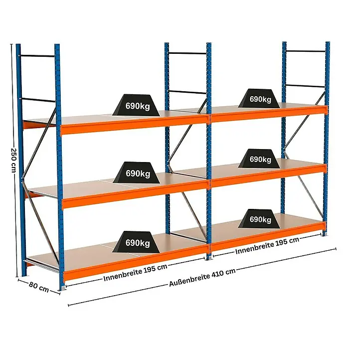 Proregal Schwerlastregal Industrie Weitspannregal MAXIMUS Pro - H x B x T: 250 x 410 x 80 cm, Traglast pro Boden: 690 kg, Anzahl Böden: 3 Stk., Stecken, Blau/Orange
