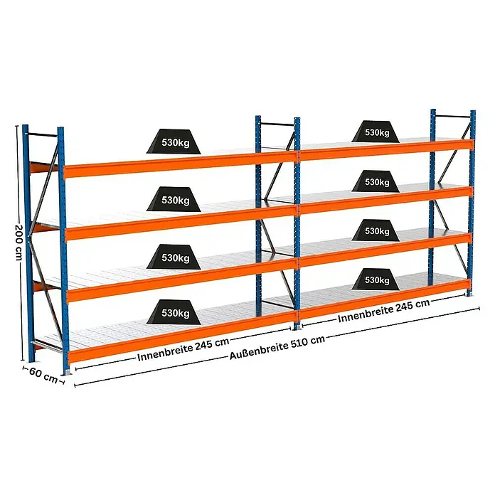 Proregal Schwerlastregal Industrie Weitspannregal MAXIMUS Pro - H x B x T: 200 x 510 x 60 cm, Traglast pro Boden: 530 kg, Anzahl Böden: 4 Stk., Stecken, Blau/Orange
