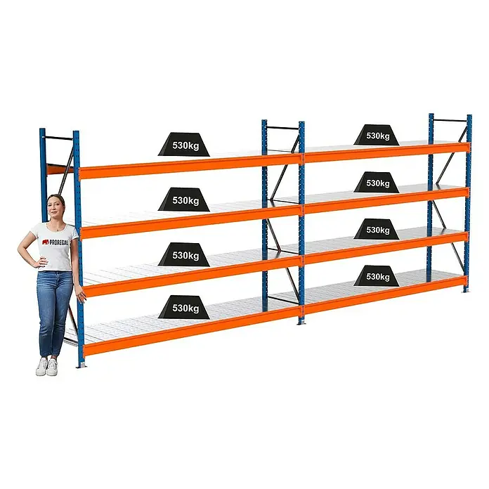 Proregal Schwerlastregal Industrie Weitspannregal MAXIMUS Pro - H x B x T: 200 x 510 x 60 cm, Traglast pro Boden: 530 kg, Anzahl Böden: 4 Stk., Stecken, Blau/Orange