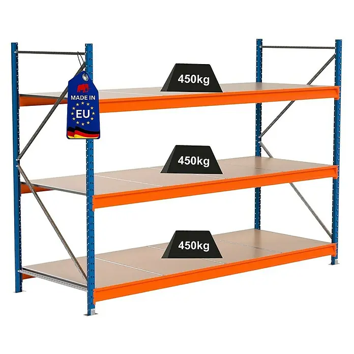 Proregal Schwerlastregal Industrie Weitspannregal MAXIMUS Pro - H x B x T: 200 x 285 x 100 cm, Traglast pro Boden: 450 kg, Anzahl Böden: 3 Stk., Stecken, Blau/Orange