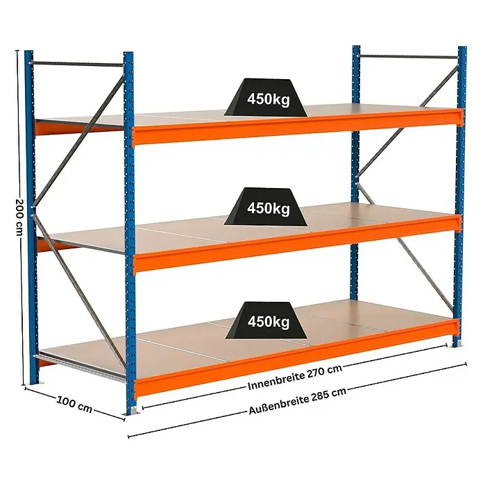 Proregal Schwerlastregal Industrie Weitspannregal MAXIMUS Pro - H x B x T: 200 x 285 x 100 cm, Traglast pro Boden: 450 kg, Anzahl Böden: 3 Stk., Stecken, Blau/Orange