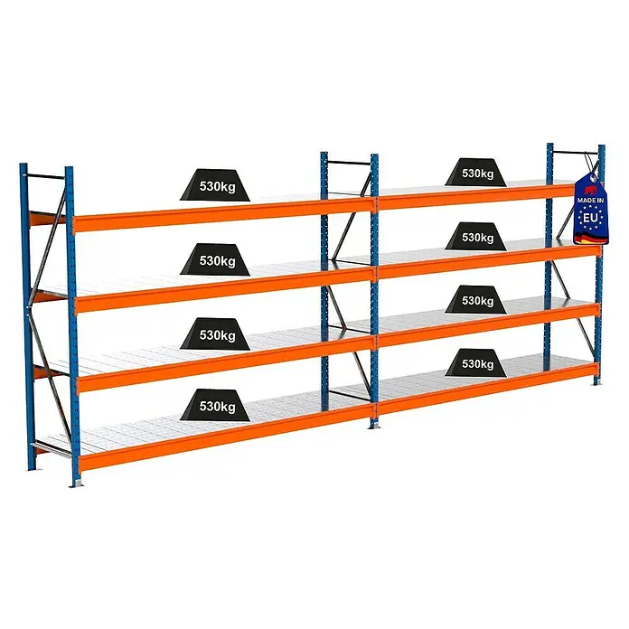 Proregal Schwerlastregal Industrie Weitspannregal MAXIMUS Pro - H x B x T: 200 x 510 x 60 cm, Traglast pro Boden: 530 kg, Anzahl Böden: 4 Stk., Stecken, Blau/Orange