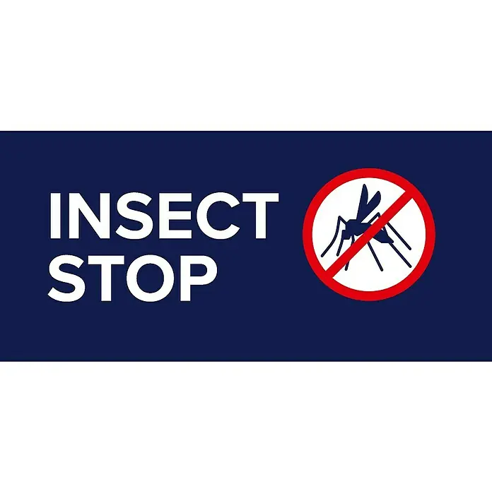 Tesa Insect Stop Insektenschutzfenster Insect Stop Anklipsrahmen - B x H: 1,2 x 2,4 m, Montage Insektengitter: Klemmen, Anthrazit - Schild mit der Aufschrift „INSECT STOP“ und einem durchgestrichenen Mückensymbol.