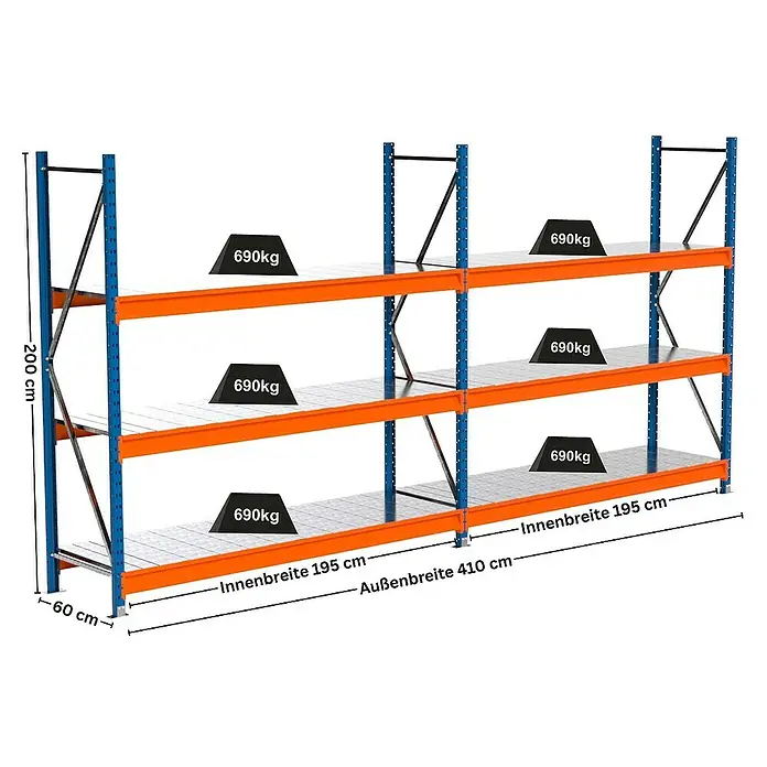Proregal Schwerlastregal Industrie Weitspannregal MAXIMUS Pro - H x B x T: 200 x 410 x 60 cm, Traglast pro Boden: 690 kg, Anzahl Böden: 3 Stk., Stecken, Blau/Orange