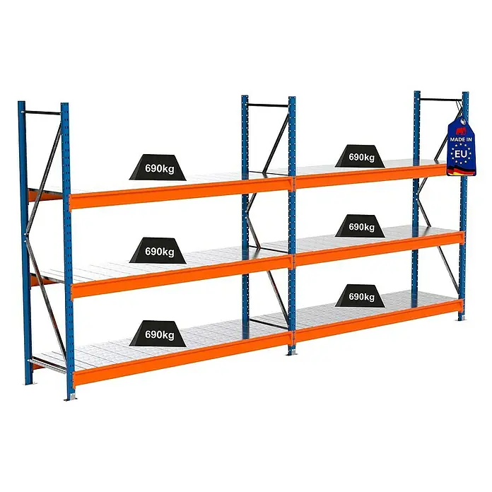 Proregal Schwerlastregal Industrie Weitspannregal MAXIMUS Pro - H x B x T: 200 x 410 x 60 cm, Traglast pro Boden: 690 kg, Anzahl Böden: 3 Stk., Stecken, Blau/Orange