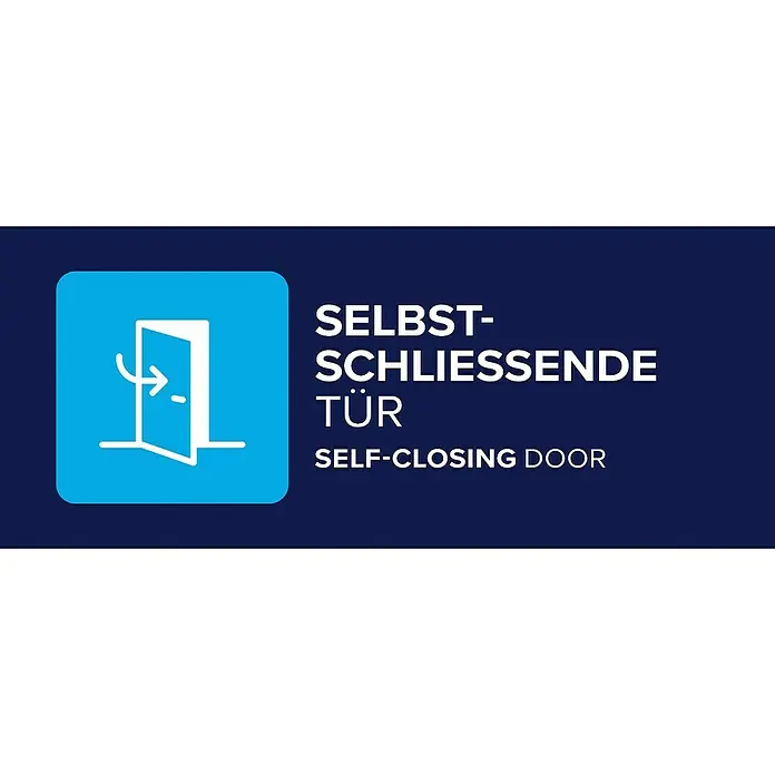 Tesa Insektenschutztür - B x H: 1,2 x 2,4 m, Weiß, Montage Insektengitter: Schrauben - Blaues Schild mit weißem Symbol einer offenen Tür und Pfeil, der eine "selbstschließende Tür" anzeigt.
