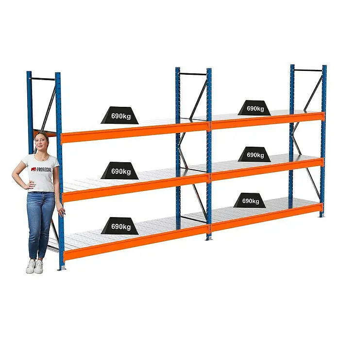 Proregal Schwerlastregal Industrie Weitspannregal MAXIMUS Pro - H x B x T: 200 x 410 x 60 cm, Traglast pro Boden: 690 kg, Anzahl Böden: 3 Stk., Stecken, Blau/Orange