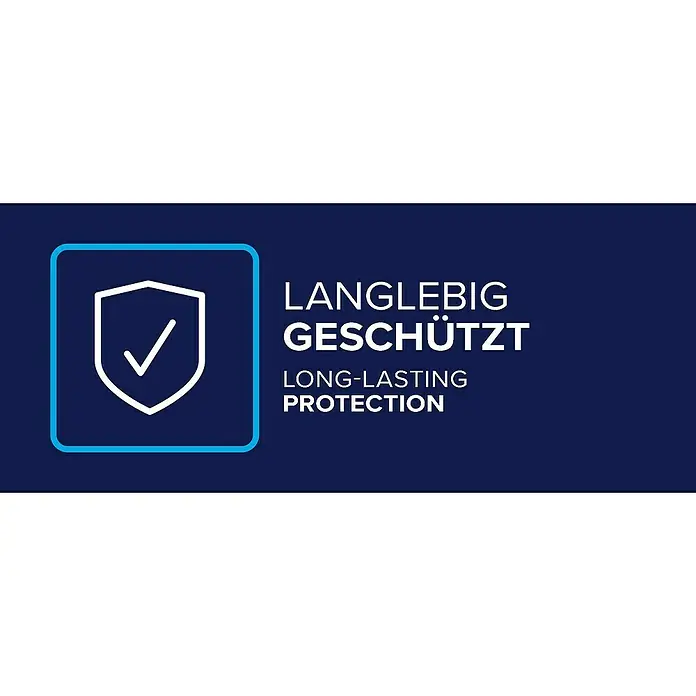 Tesa Insektenschutztür - B x H: 1,2 x 2,4 m, Weiß, Montage Insektengitter: Schrauben - Schutzschild-Symbol mit Haken und dem Text 'Langlebig geschützt'.