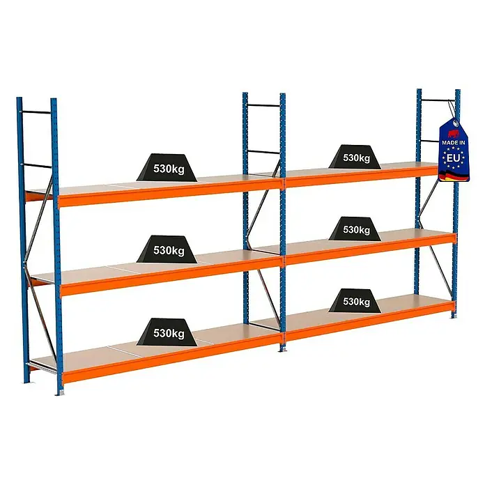Proregal Schwerlastregal Industrie Weitspannregal MAXIMUS Pro - H x B x T: 250 x 510 x 60 cm, Traglast pro Boden: 530 kg, Anzahl Böden: 3 Stk., Stecken, Blau/Orange