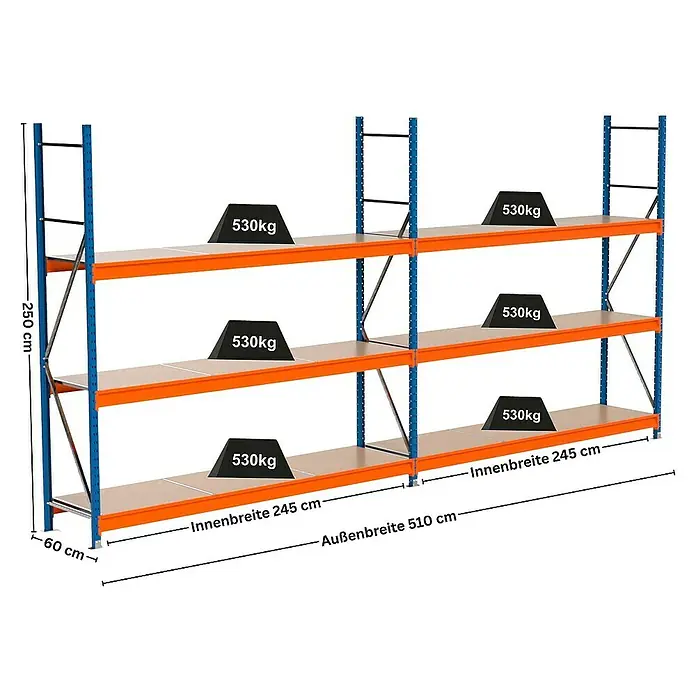 Proregal Schwerlastregal Industrie Weitspannregal MAXIMUS Pro - H x B x T: 250 x 510 x 60 cm, Traglast pro Boden: 530 kg, Anzahl Böden: 3 Stk., Stecken, Blau/Orange