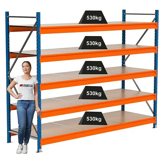 Proregal Schwerlastregal Industrie Weitspannregal MAXIMUS Pro - H x B x T: 200 x 260 x 80 cm, Traglast pro Boden: 530 kg, Anzahl Böden: 5 Stk., Stecken, Blau/Orange