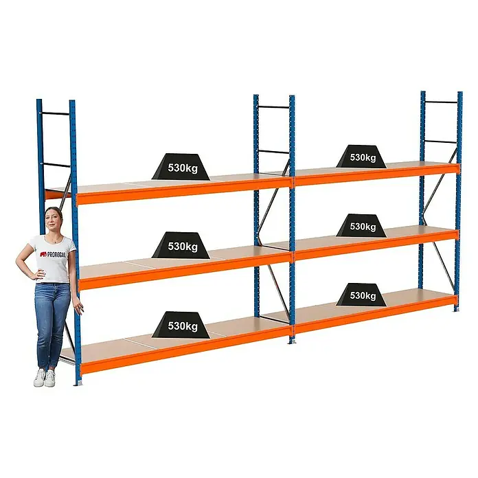 Proregal Schwerlastregal Industrie Weitspannregal MAXIMUS Pro - H x B x T: 250 x 510 x 60 cm, Traglast pro Boden: 530 kg, Anzahl Böden: 3 Stk., Stecken, Blau/Orange