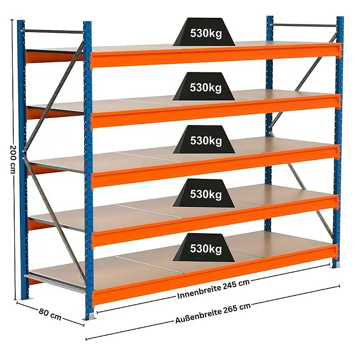 Proregal Schwerlastregal Industrie Weitspannregal MAXIMUS Pro - H x B x T: 200 x 260 x 80 cm, Traglast pro Boden: 530 kg, Anzahl Böden: 5 Stk., Stecken, Blau/Orange