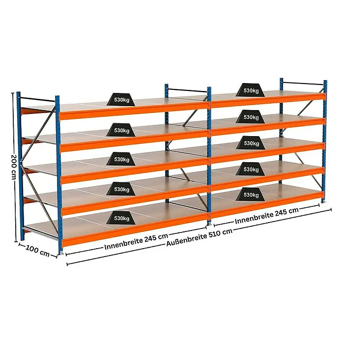 Proregal Schwerlastregal Industrie Weitspannregal MAXIMUS Pro - H x B x T: 200 x 510 x 100 cm, Traglast pro Boden: 530 kg, Anzahl Böden: 5 Stk., Stecken, Blau/Orange