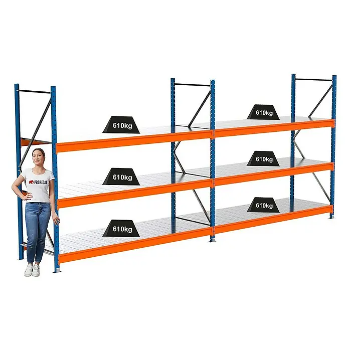 Proregal Schwerlastregal Industrie Weitspannregal MAXIMUS Pro - H x B x T: 200 x 460 x 80 cm, Traglast pro Boden: 610 kg, Anzahl Böden: 3 Stk., Stecken, Blau/Orange