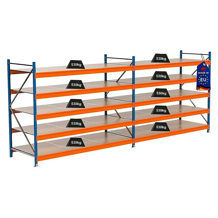 Proregal Schwerlastregal Industrie Weitspannregal MAXIMUS Pro - H x B x T: 200 x 510 x 100 cm, Traglast pro Boden: 530 kg, Anzahl Böden: 5 Stk., Stecken, Blau/Orange