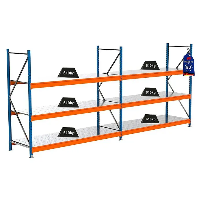 Proregal Schwerlastregal Industrie Weitspannregal MAXIMUS Pro - H x B x T: 200 x 460 x 80 cm, Traglast pro Boden: 610 kg, Anzahl Böden: 3 Stk., Stecken, Blau/Orange