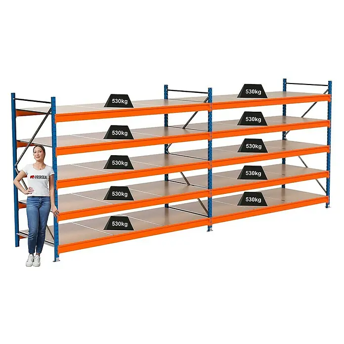 Proregal Schwerlastregal Industrie Weitspannregal MAXIMUS Pro - H x B x T: 200 x 510 x 100 cm, Traglast pro Boden: 530 kg, Anzahl Böden: 5 Stk., Stecken, Blau/Orange