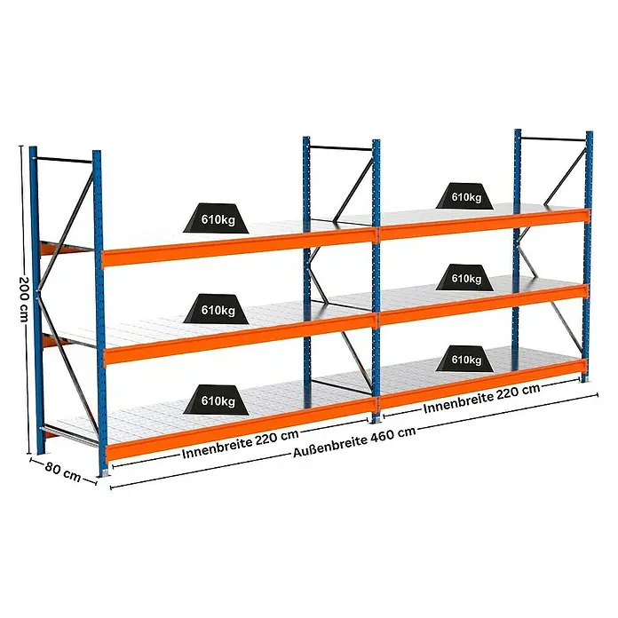Proregal Schwerlastregal Industrie Weitspannregal MAXIMUS Pro - H x B x T: 200 x 460 x 80 cm, Traglast pro Boden: 610 kg, Anzahl Böden: 3 Stk., Stecken, Blau/Orange