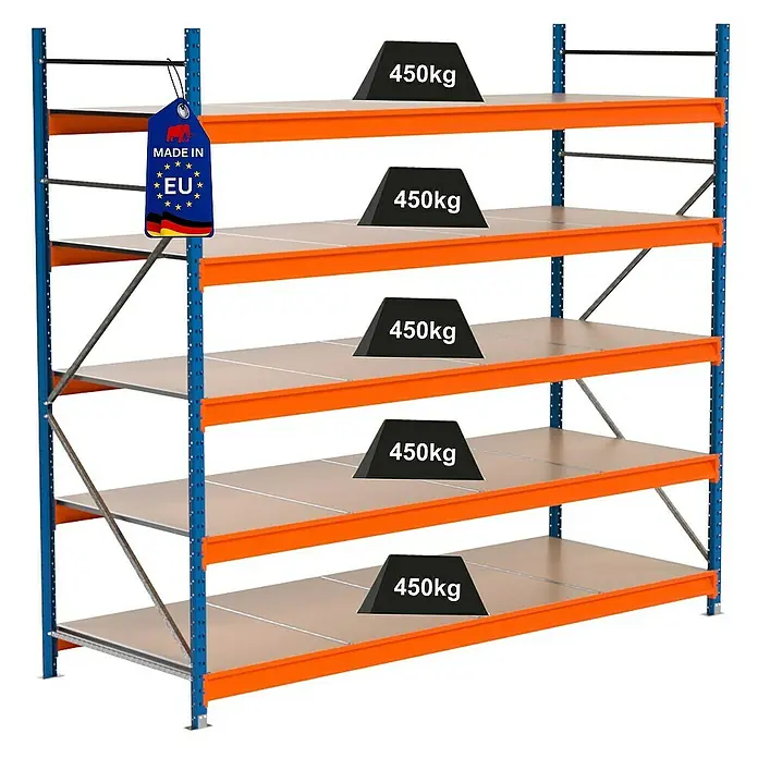 Proregal Schwerlastregal Industrie Weitspannregal MAXIMUS Pro - H x B x T: 250 x 285 x 100 cm, Traglast pro Boden: 450 kg, Anzahl Böden: 5 Stk., Stecken, Blau/Orange