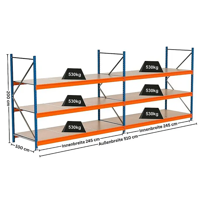 Proregal Schwerlastregal Industrie Weitspannregal MAXIMUS Pro - H x B x T: 200 x 510 x 100 cm, Traglast pro Boden: 530 kg, Anzahl Böden: 3 Stk., Stecken, Blau/Orange