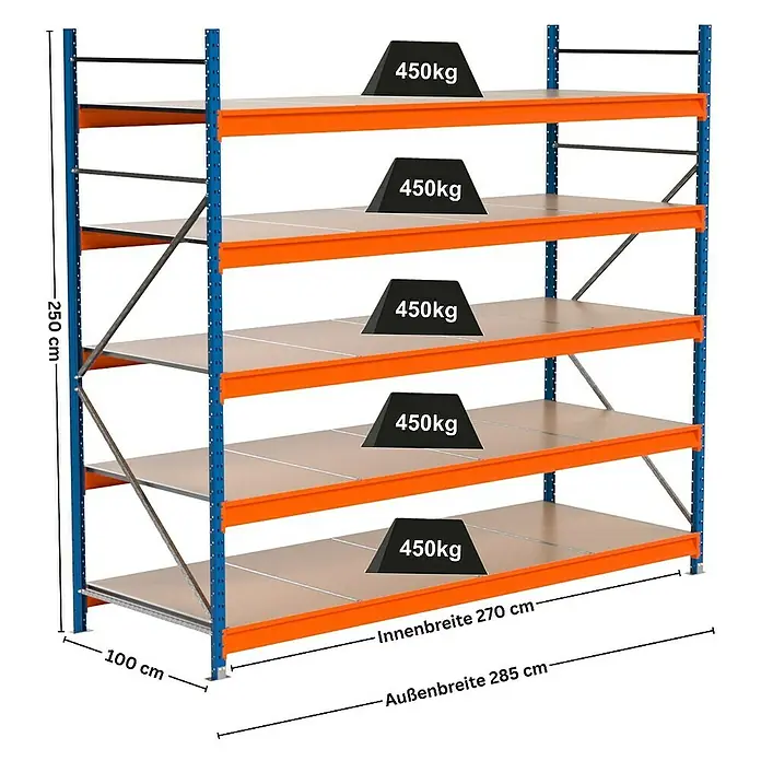 Proregal Schwerlastregal Industrie Weitspannregal MAXIMUS Pro - H x B x T: 250 x 285 x 100 cm, Traglast pro Boden: 450 kg, Anzahl Böden: 5 Stk., Stecken, Blau/Orange