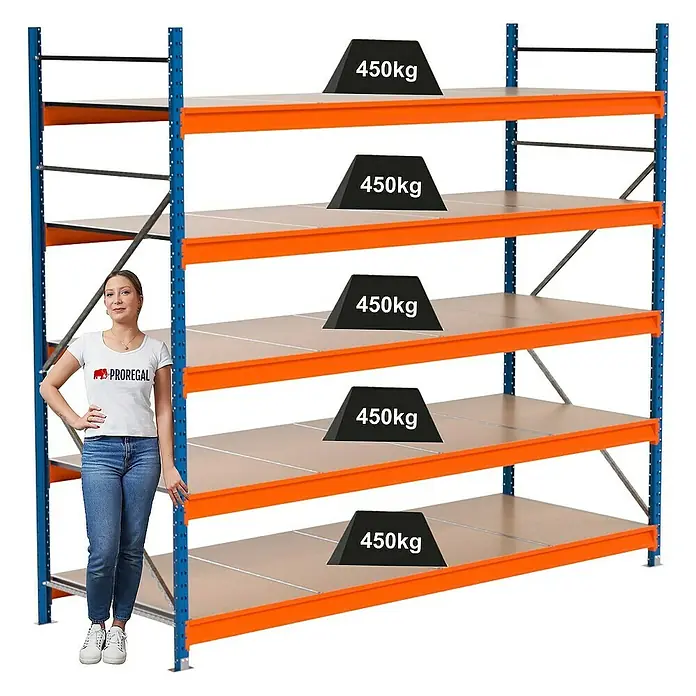 Proregal Schwerlastregal Industrie Weitspannregal MAXIMUS Pro - H x B x T: 250 x 285 x 100 cm, Traglast pro Boden: 450 kg, Anzahl Böden: 5 Stk., Stecken, Blau/Orange