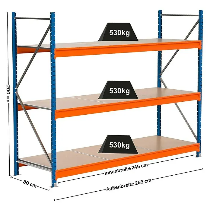Proregal Schwerlastregal Industrie Weitspannregal MAXIMUS Pro - H x B x T: 200 x 260 x 80 cm, Traglast pro Boden: 530 kg, Anzahl Böden: 3 Stk., Stecken, Blau/Orange