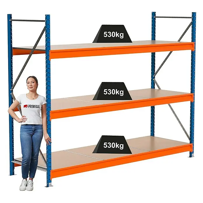 Proregal Schwerlastregal Industrie Weitspannregal MAXIMUS Pro - H x B x T: 200 x 260 x 80 cm, Traglast pro Boden: 530 kg, Anzahl Böden: 3 Stk., Stecken, Blau/Orange