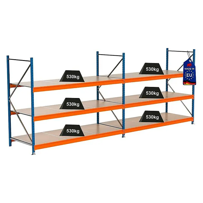 Proregal Schwerlastregal Industrie Weitspannregal MAXIMUS Pro - H x B x T: 200 x 510 x 100 cm, Traglast pro Boden: 530 kg, Anzahl Böden: 3 Stk., Stecken, Blau/Orange