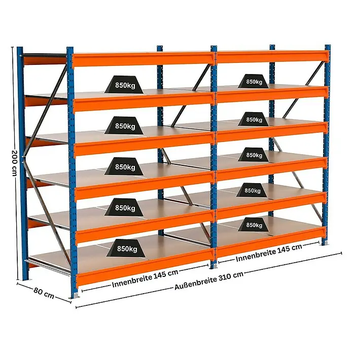 Proregal Schwerlastregal Industrie Weitspannregal MAXIMUS Pro - H x B x T: 200 x 310 x 80 cm, Traglast pro Boden: 850 kg, Anzahl Böden: 6 Stk., Stecken, Blau/Orange