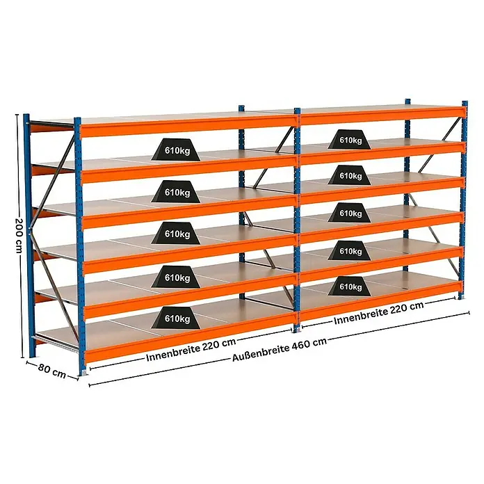 Proregal Schwerlastregal Industrie Weitspannregal MAXIMUS Pro - H x B x T: 200 x 460 x 80 cm, Traglast pro Boden: 610 kg, Anzahl Böden: 6 Stk., Stecken, Blau/Orange