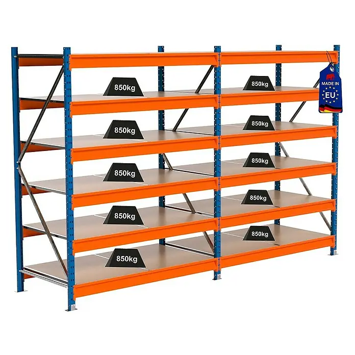 Proregal Schwerlastregal Industrie Weitspannregal MAXIMUS Pro - H x B x T: 200 x 310 x 80 cm, Traglast pro Boden: 850 kg, Anzahl Böden: 6 Stk., Stecken, Blau/Orange
