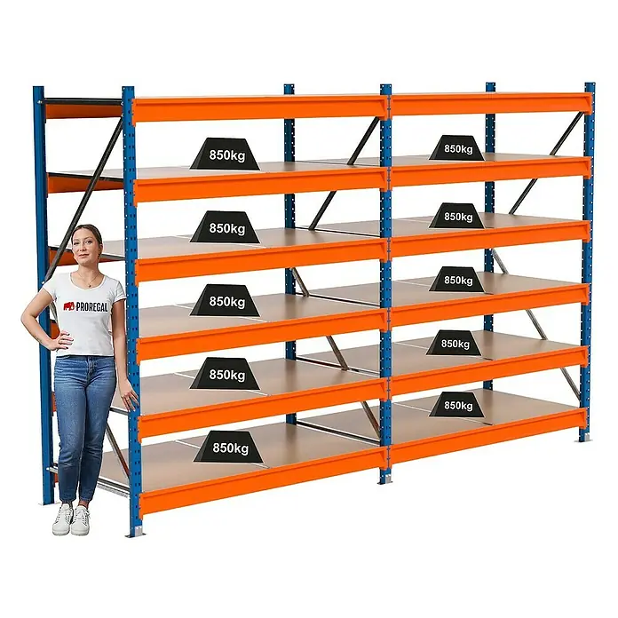 Proregal Schwerlastregal Industrie Weitspannregal MAXIMUS Pro - H x B x T: 200 x 310 x 80 cm, Traglast pro Boden: 850 kg, Anzahl Böden: 6 Stk., Stecken, Blau/Orange